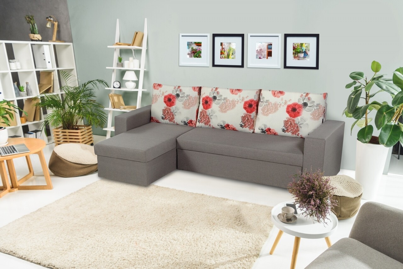 Coltar extensibil reversibil Oslo Grey Roses Flower cu lada de depozitare, 247x148x78 cm - imagine 7